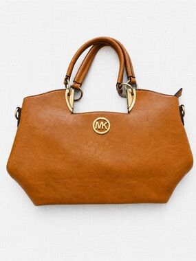 Michael Kors Cognac Leather Satchel with Gold MK Accent